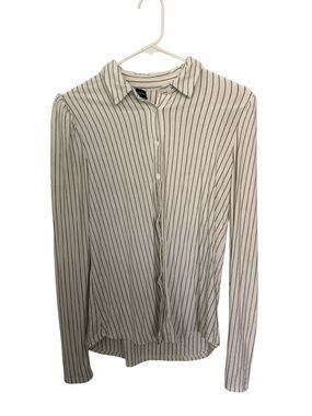 Modern Works White Black Striped Long Sleeve Button Down Collared Shirt Top